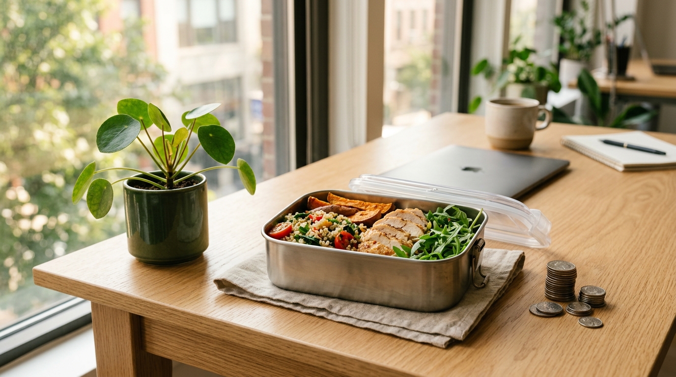 Boîte à repas posée sur un bureau avec des pièces