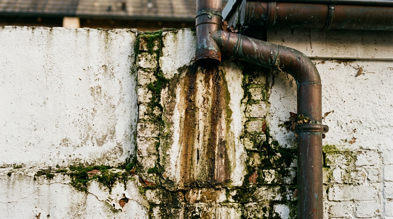Traces d'humidité sombres sur un mur sous une descente