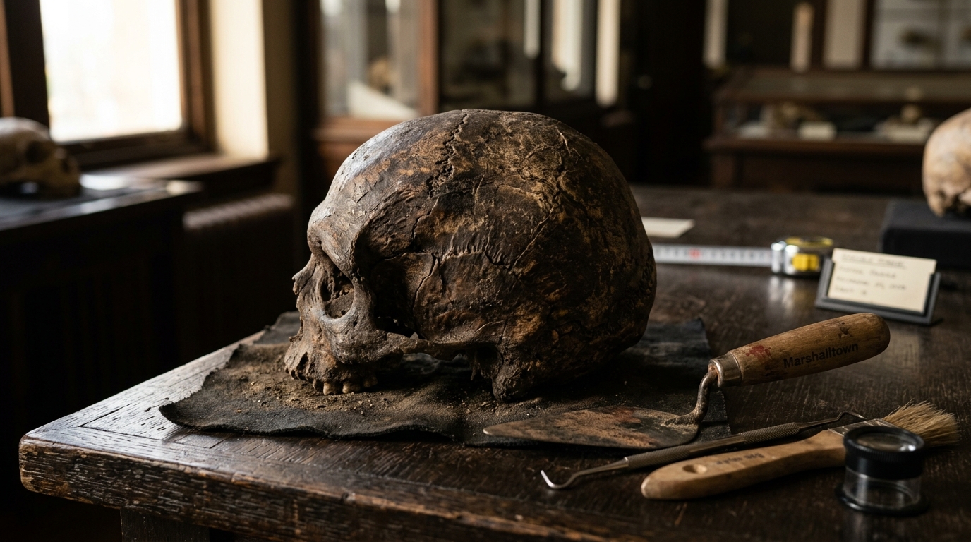 Fragment de crâne fossilisé sur table d'étude