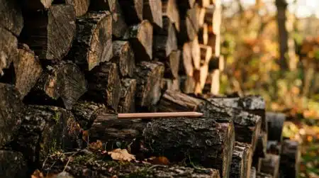 Crayon en bois posé contre un tas de bûches