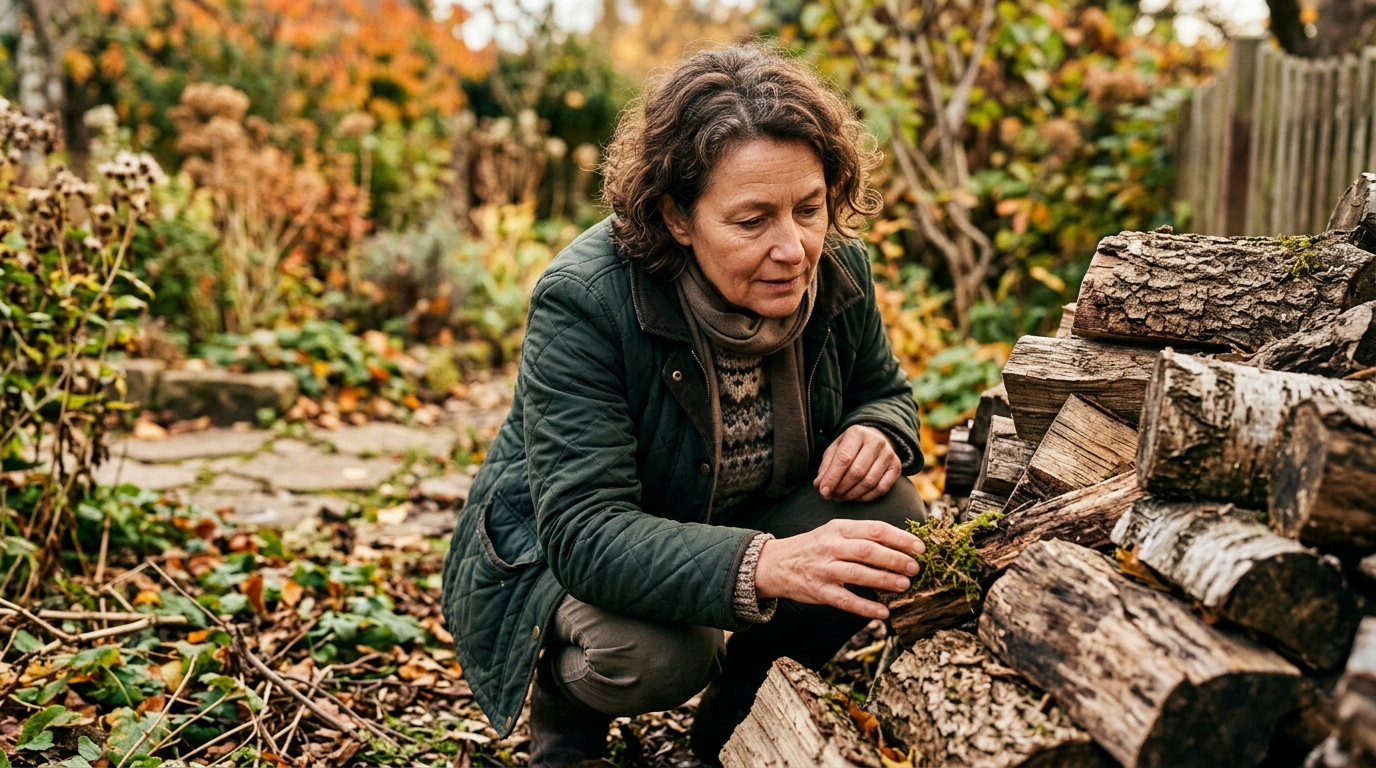 Jardinier observant attentivement un tas de bois