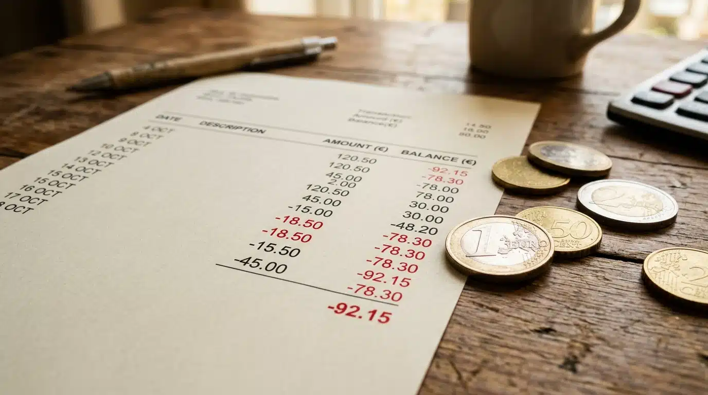 Relevé bancaire et pièces d'euros sur un bureau