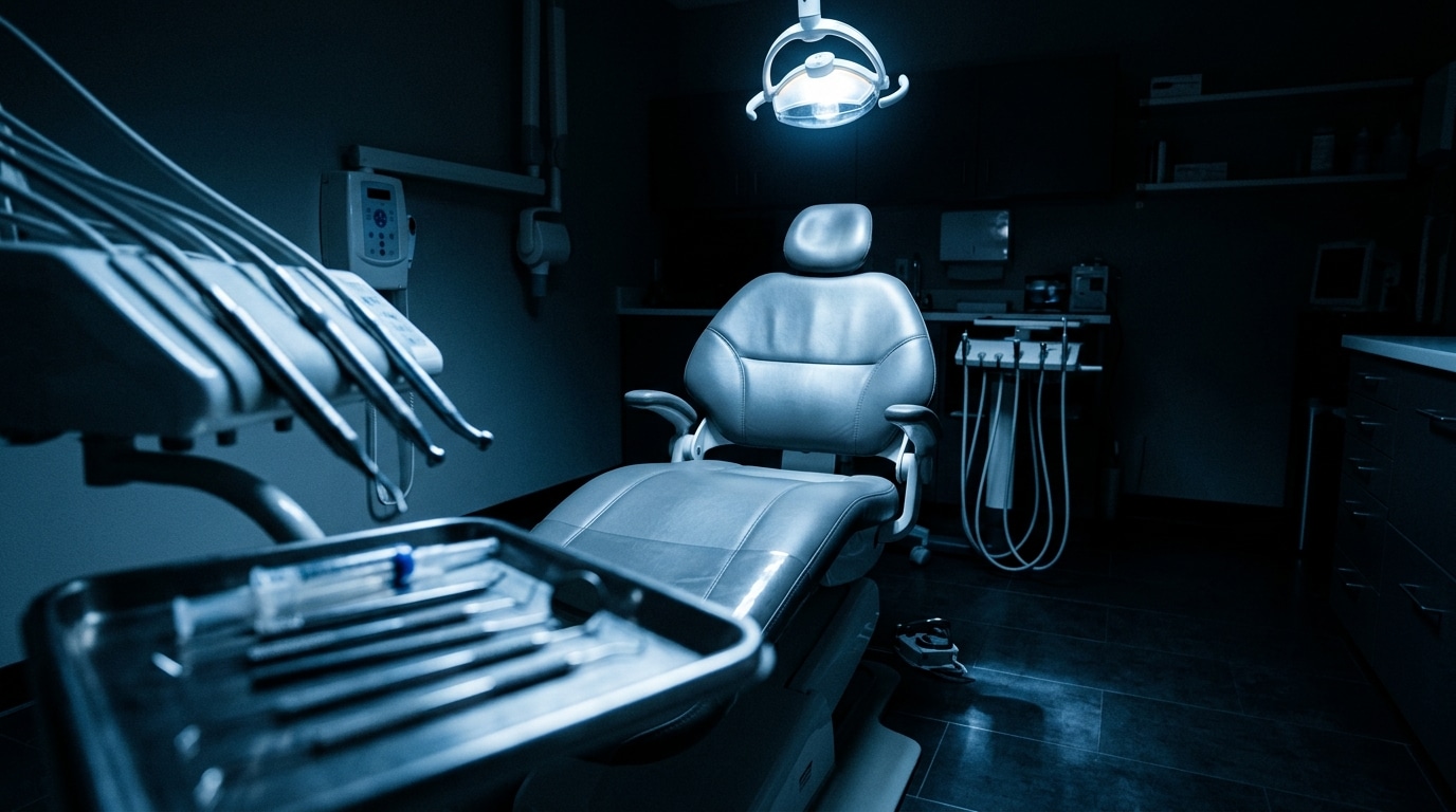 Fauteuil de cabinet dentaire vide sous lumière froide