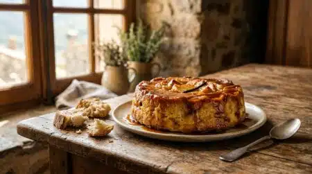Flan caramélisé au pain rassis sur table en bois