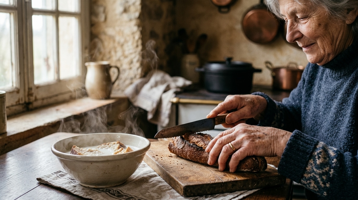 Mains tranchant du pain sec dans du lait chaud