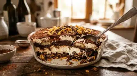Cuillère plongée dans un tiramisu au chocolat craquant