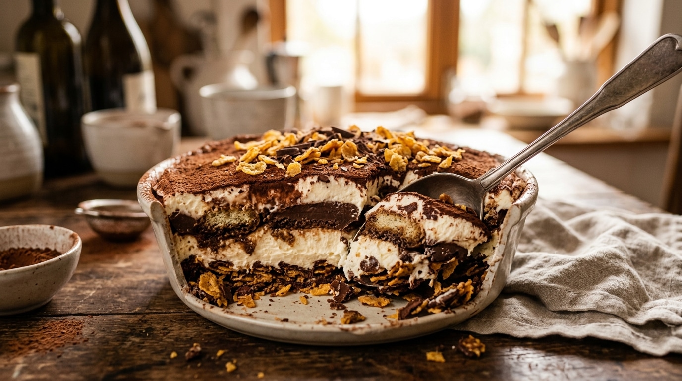 Cuillère plongée dans un tiramisu au chocolat craquant