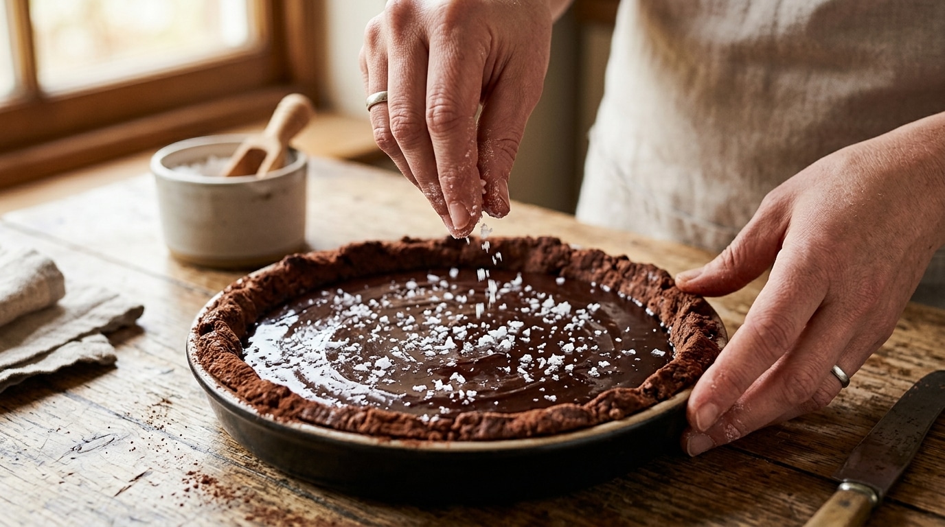 Main saupoudrant de la fleur de sel sur un dessert