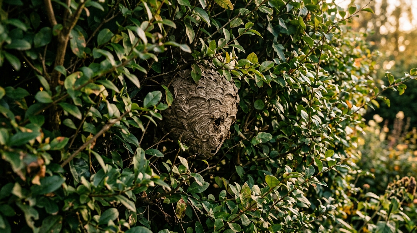 Nid de frelons caché dans une haie dense