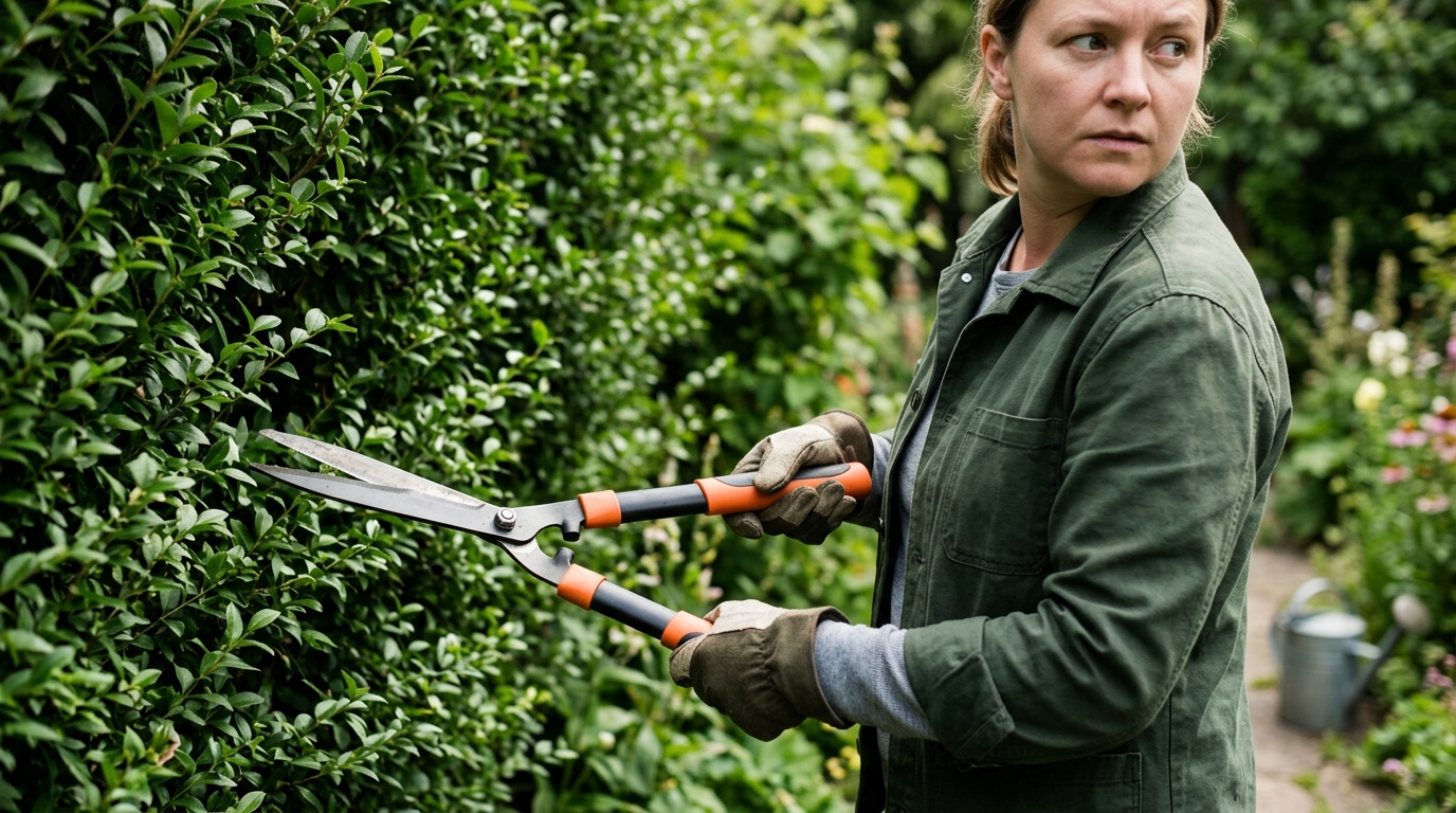 Jardinier hésitant devant une haie avec sécateur
