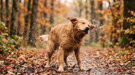 Chien mouillé se secouant sous une pluie légère