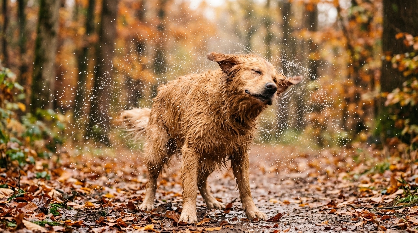 Chien mouillé se secouant sous une pluie légère