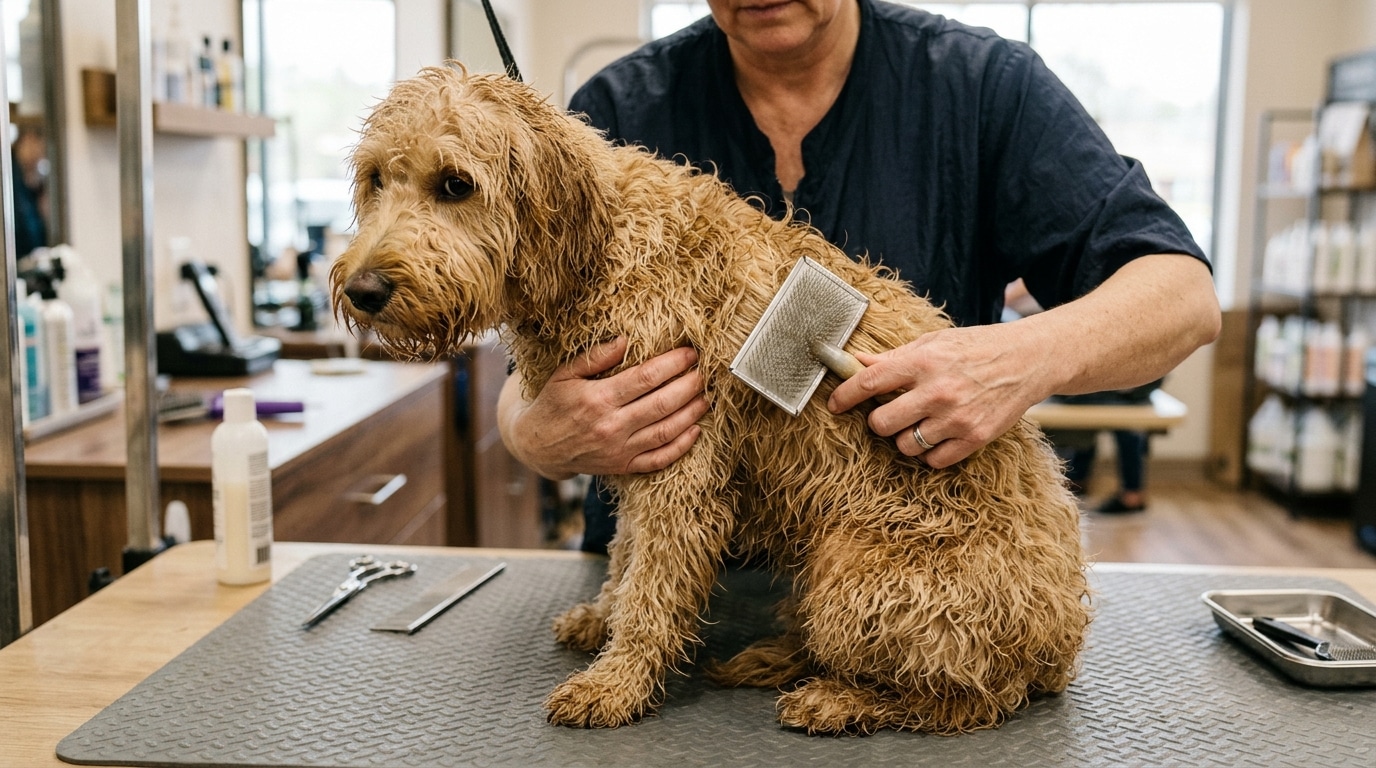Mains d'un toiletteur brossant le pelage humide d'un chien