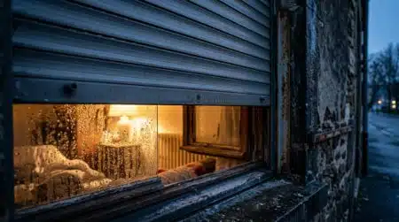 Volet roulant entrouvert le soir avec buée sur vitre