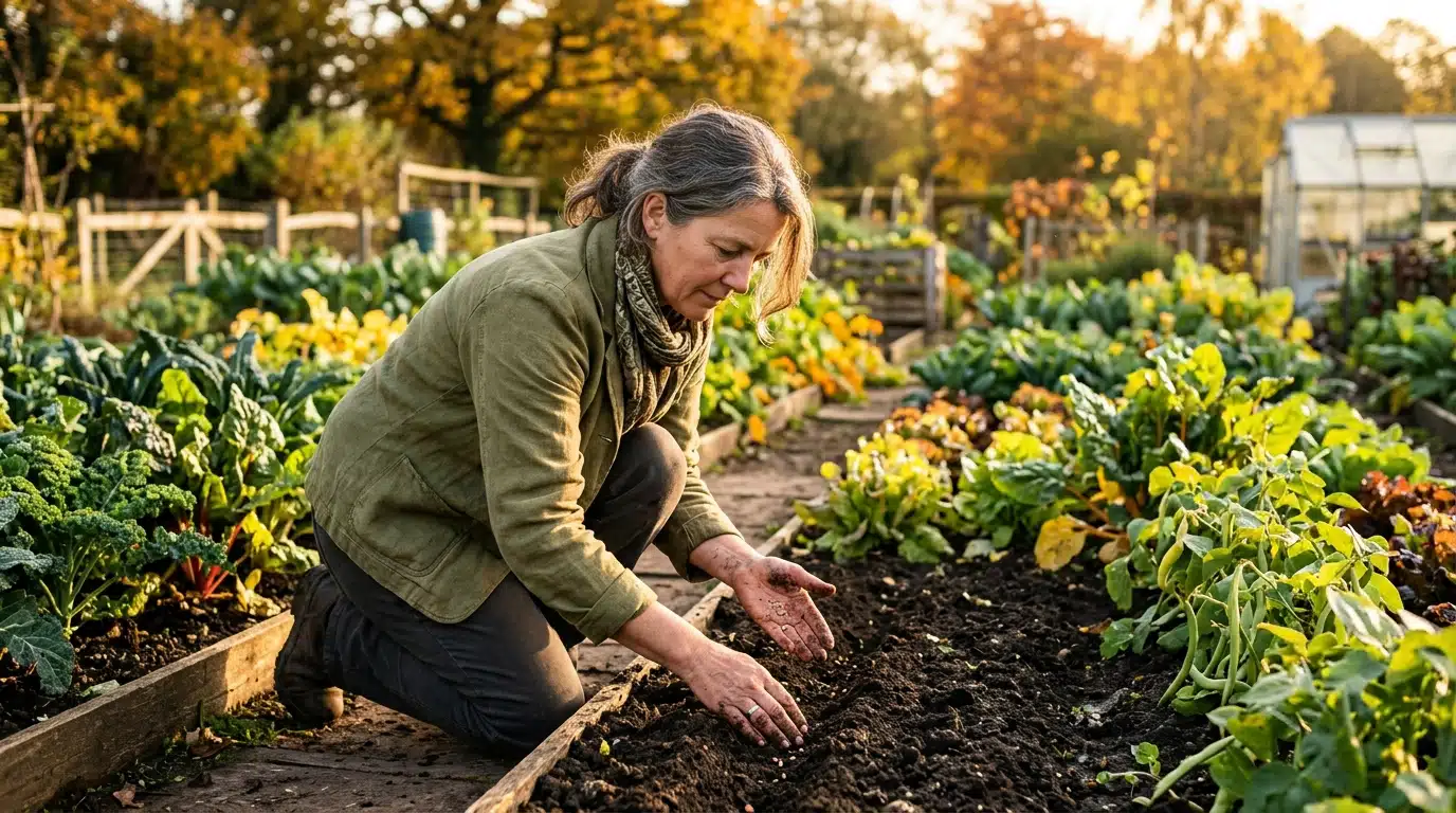 Femme semant des graines de légumes en septembre