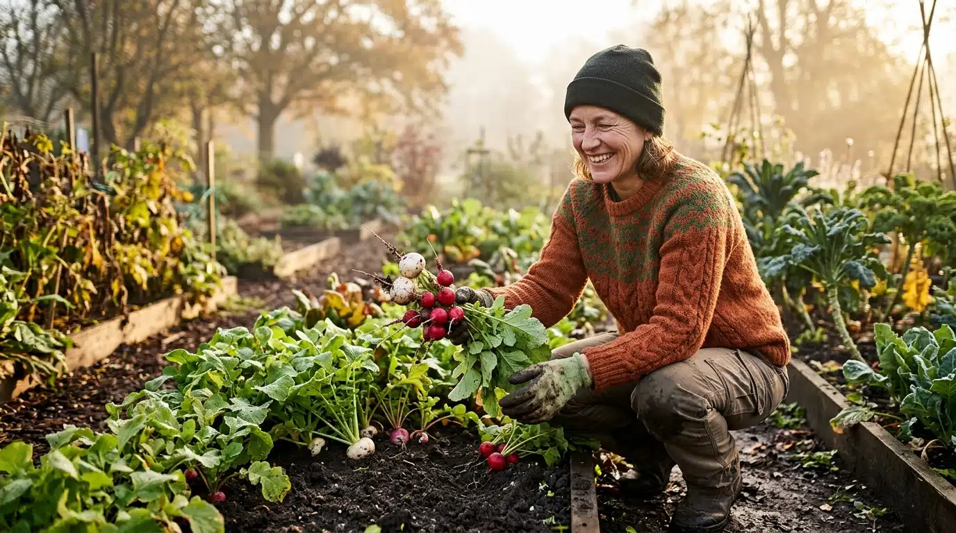 Récolte de radis et navets d'automne au jardin
