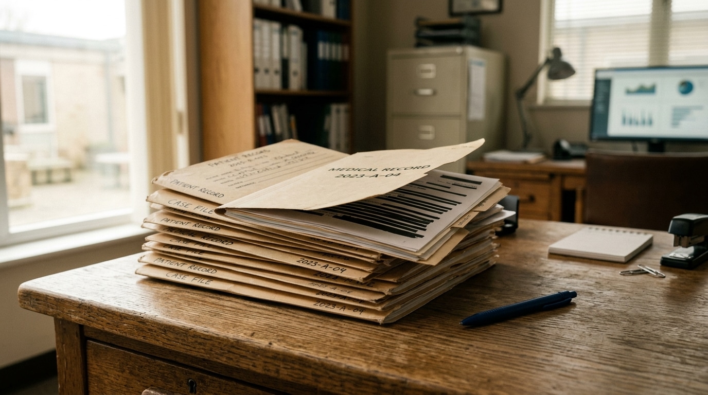 Pile de dossiers médicaux sur un bureau d'hôpital