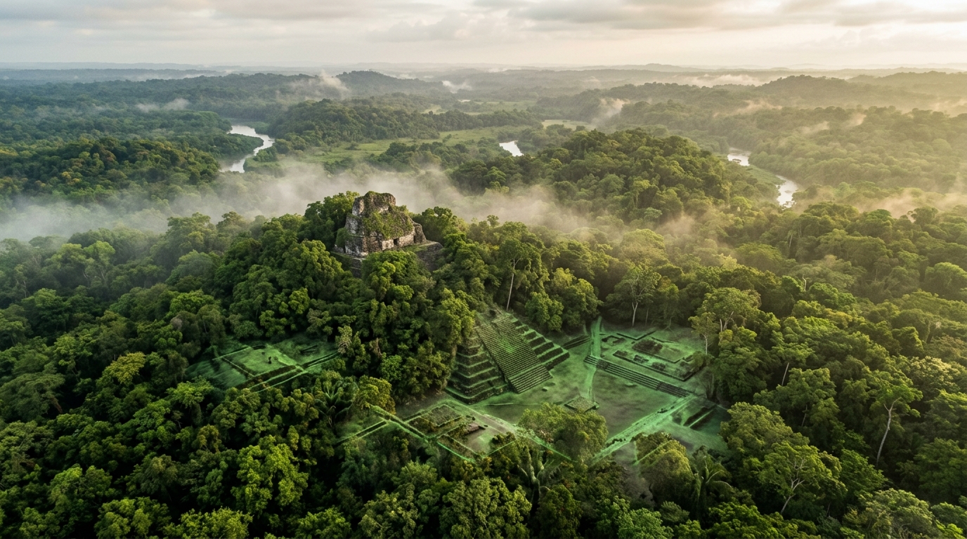 Pyramide maya cachée sous la canopée tropicale