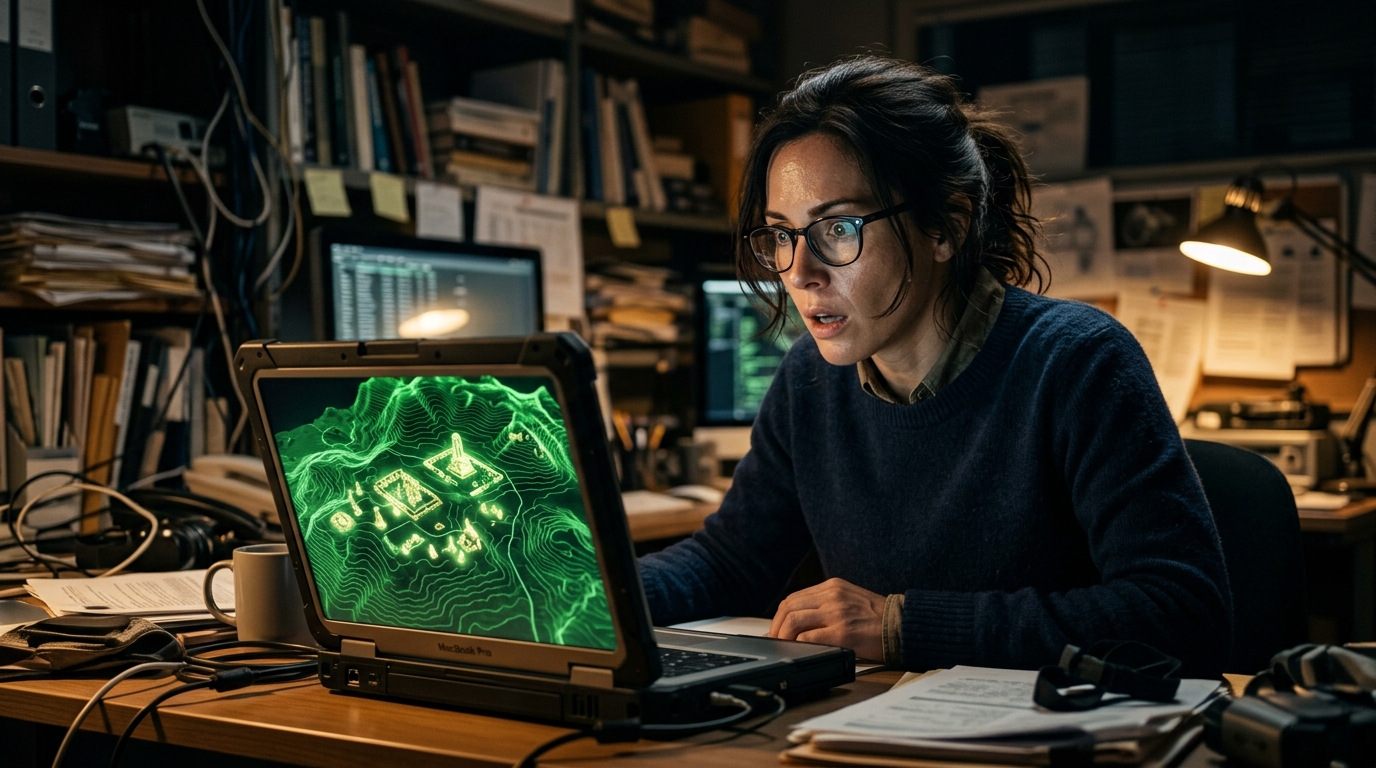 Chercheur stupéfait devant une carte lidar