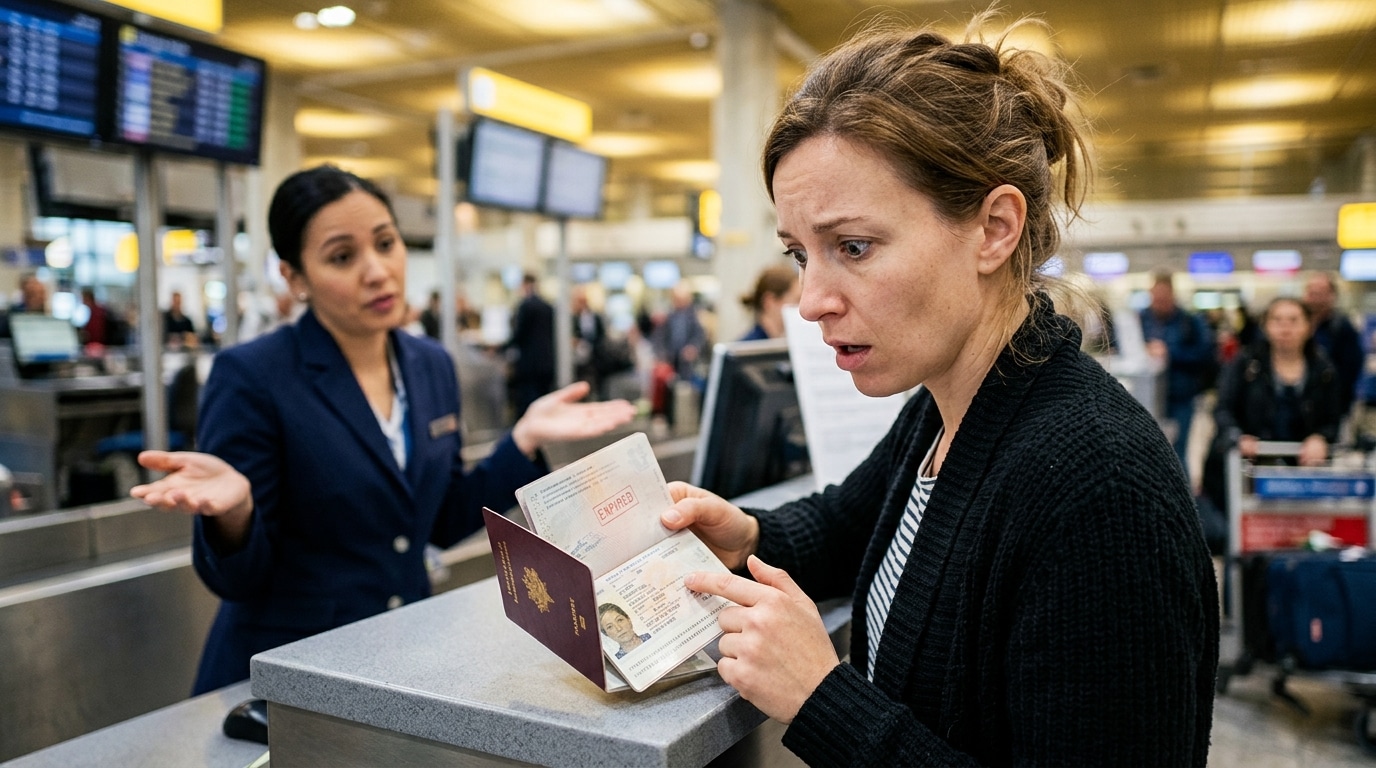 Voyageur inquiet tenant un passeport périmé à l'aéroport