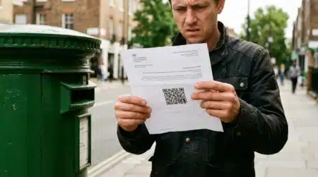 Main tenant un faux courrier administratif avec QR code