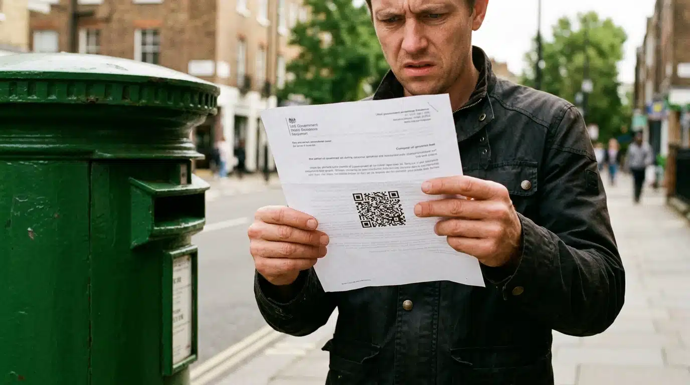 Main tenant un faux courrier administratif avec QR code