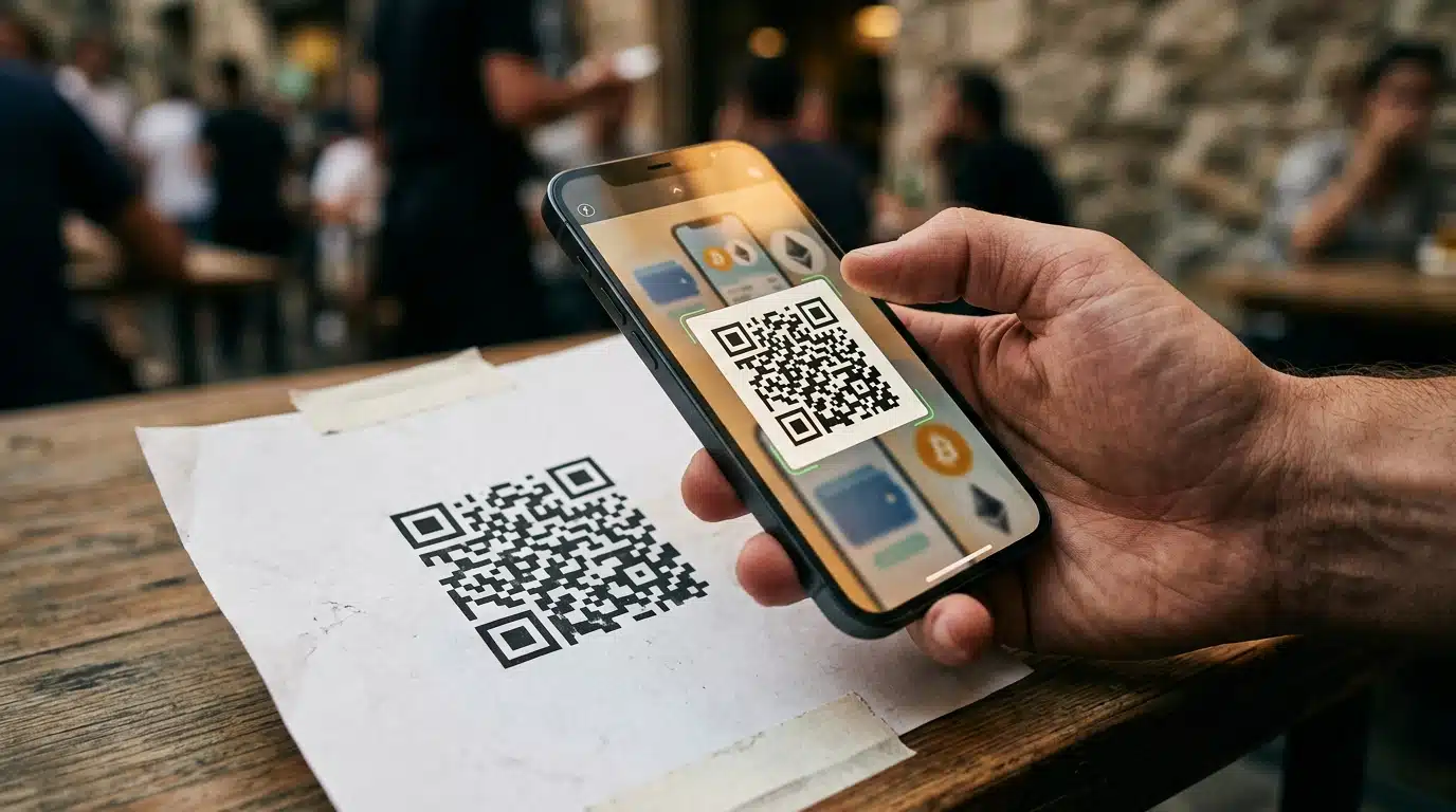 Smartphone scannant un QR code suspect près d'un courrier