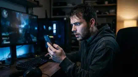 Homme choqué devant son smartphone la nuit