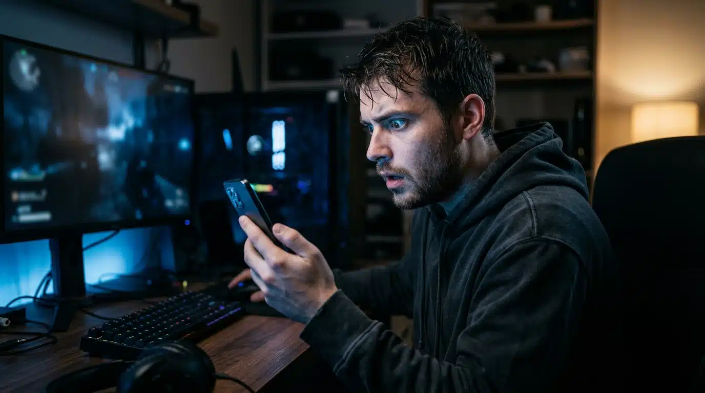 Homme choqué devant son smartphone la nuit