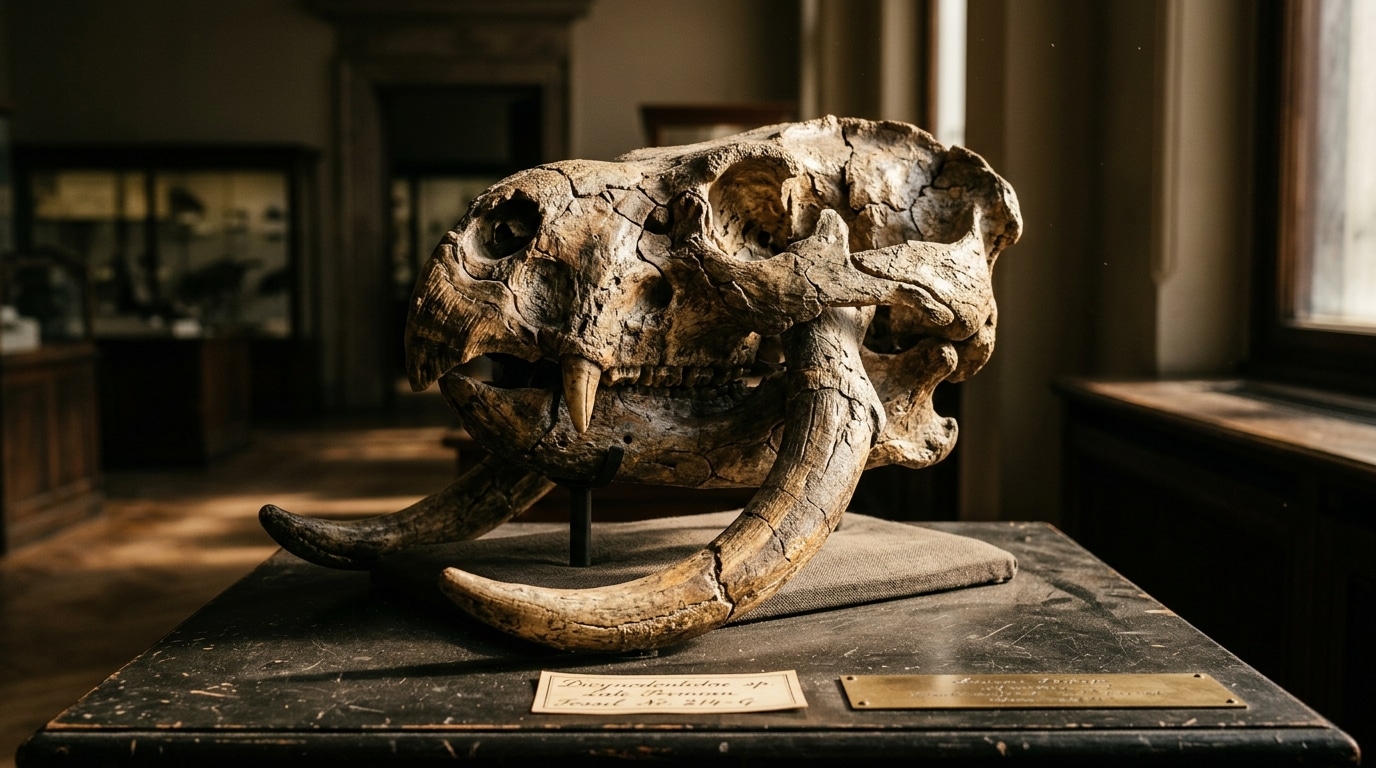 Crâne fossilisé avec défenses sur table de musée