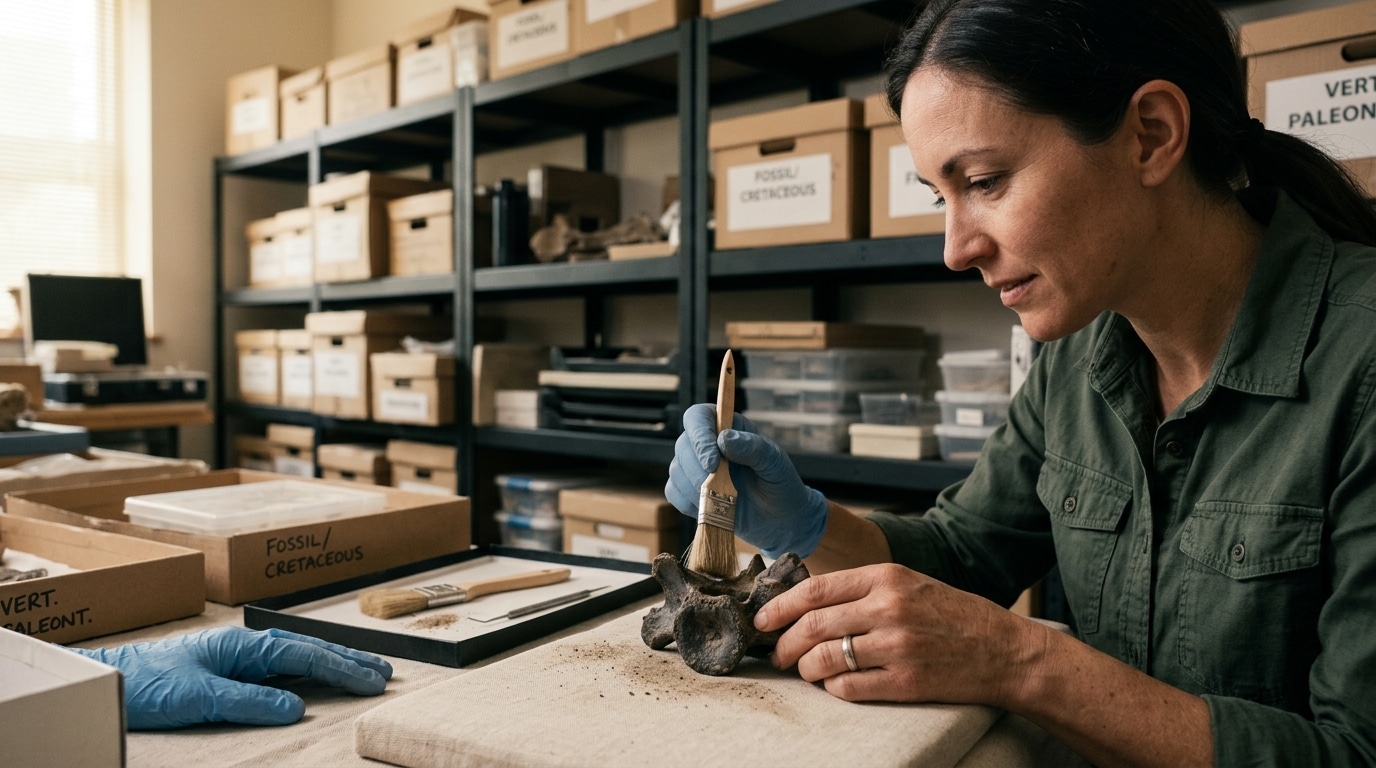 Mains nettoyant un fossile ancien en réserve
