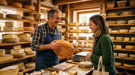 Crémier présentant un fromage d'alpage à un client