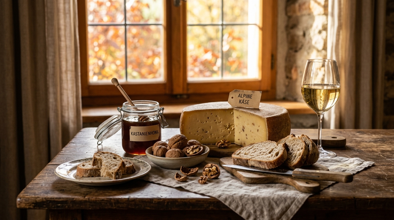 Plateau de fromage d'alpage avec pain, miel et noix