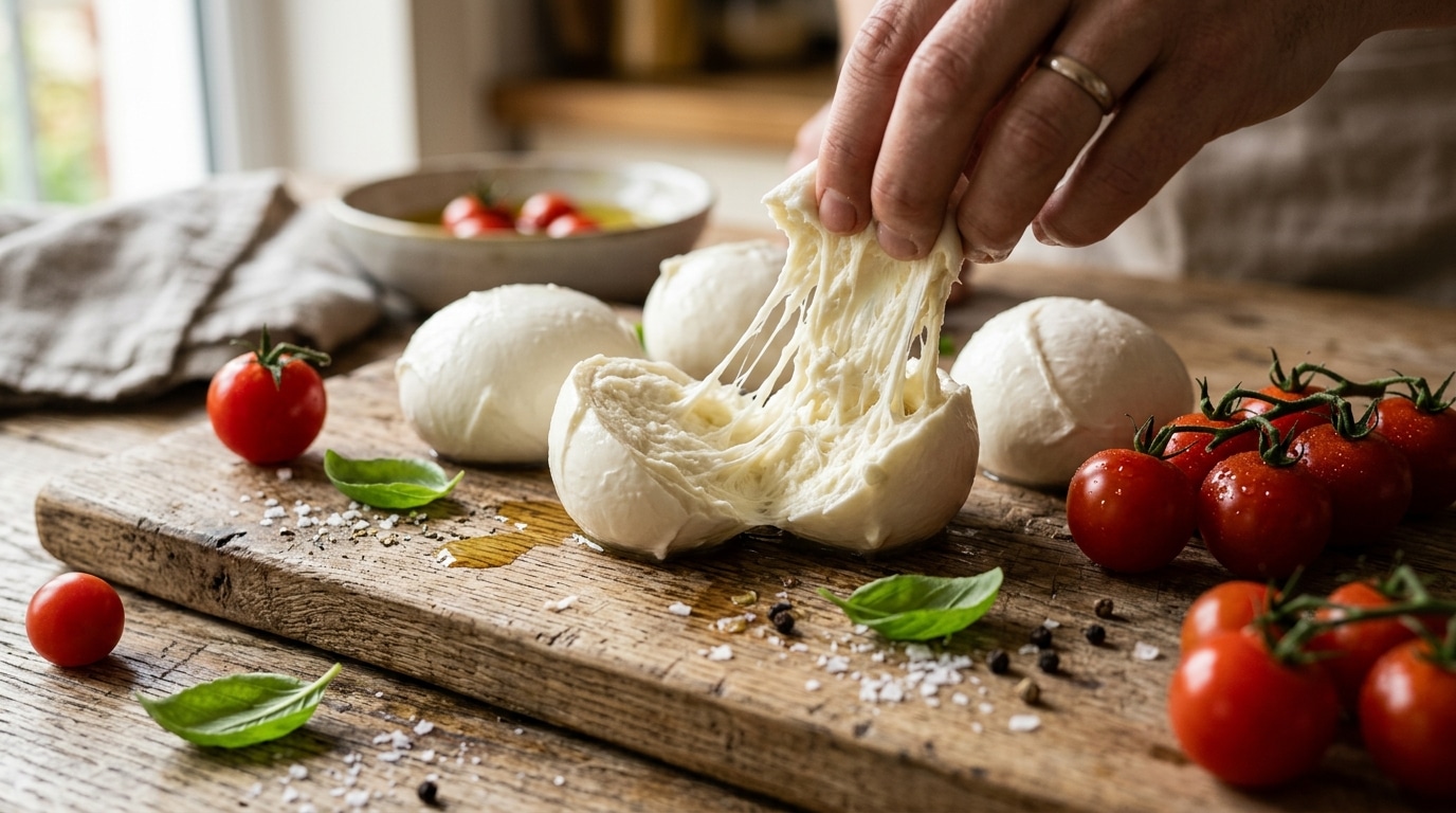 Boule de mozzarella fraîche coupée en deux filante