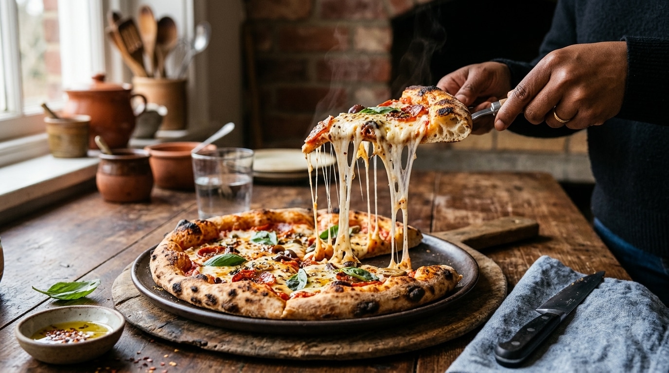 Part de pizza avec mozzarella fondue qui s'étire