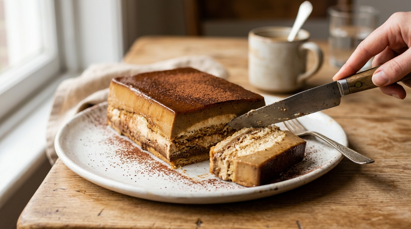 Cappuccino cake démoulé avec part coupée