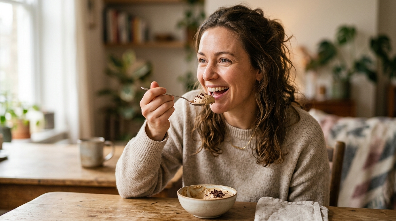 Personne savourant une cuillère de dessert au café