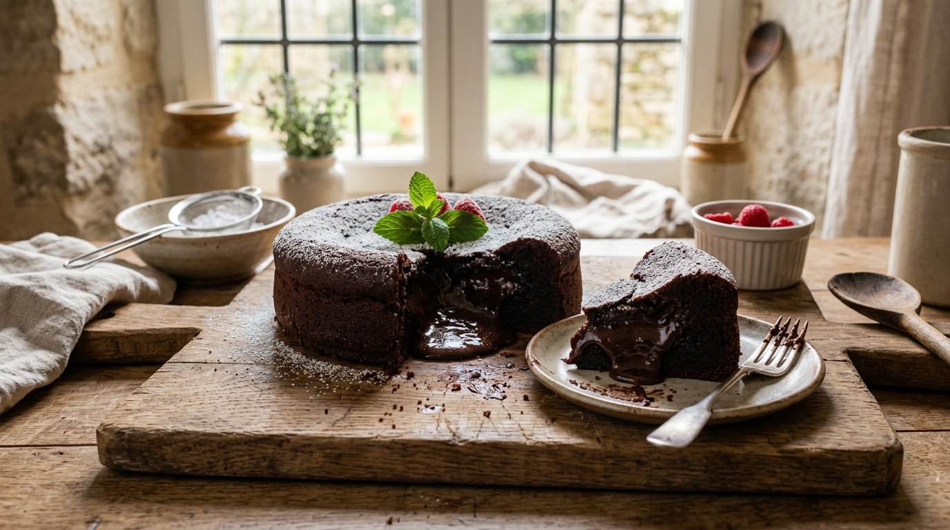 Fondant au chocolat coupé révélant son cœur crémeux