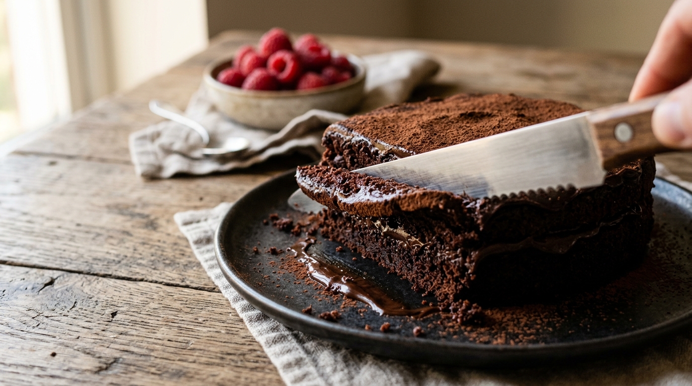 Part de gâteau chocolat découpée avec framboises