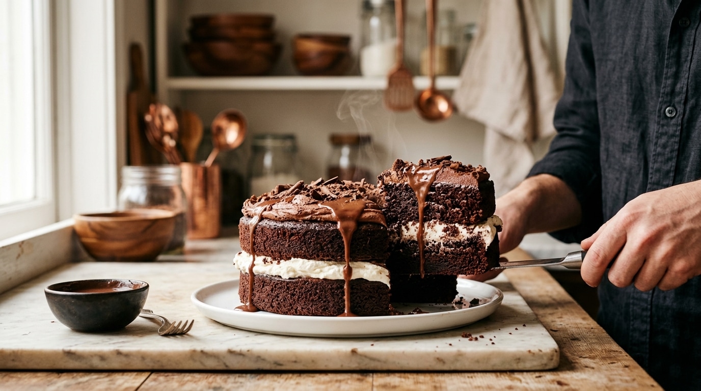Part de gâteau au chocolat nappée de sauce coulante