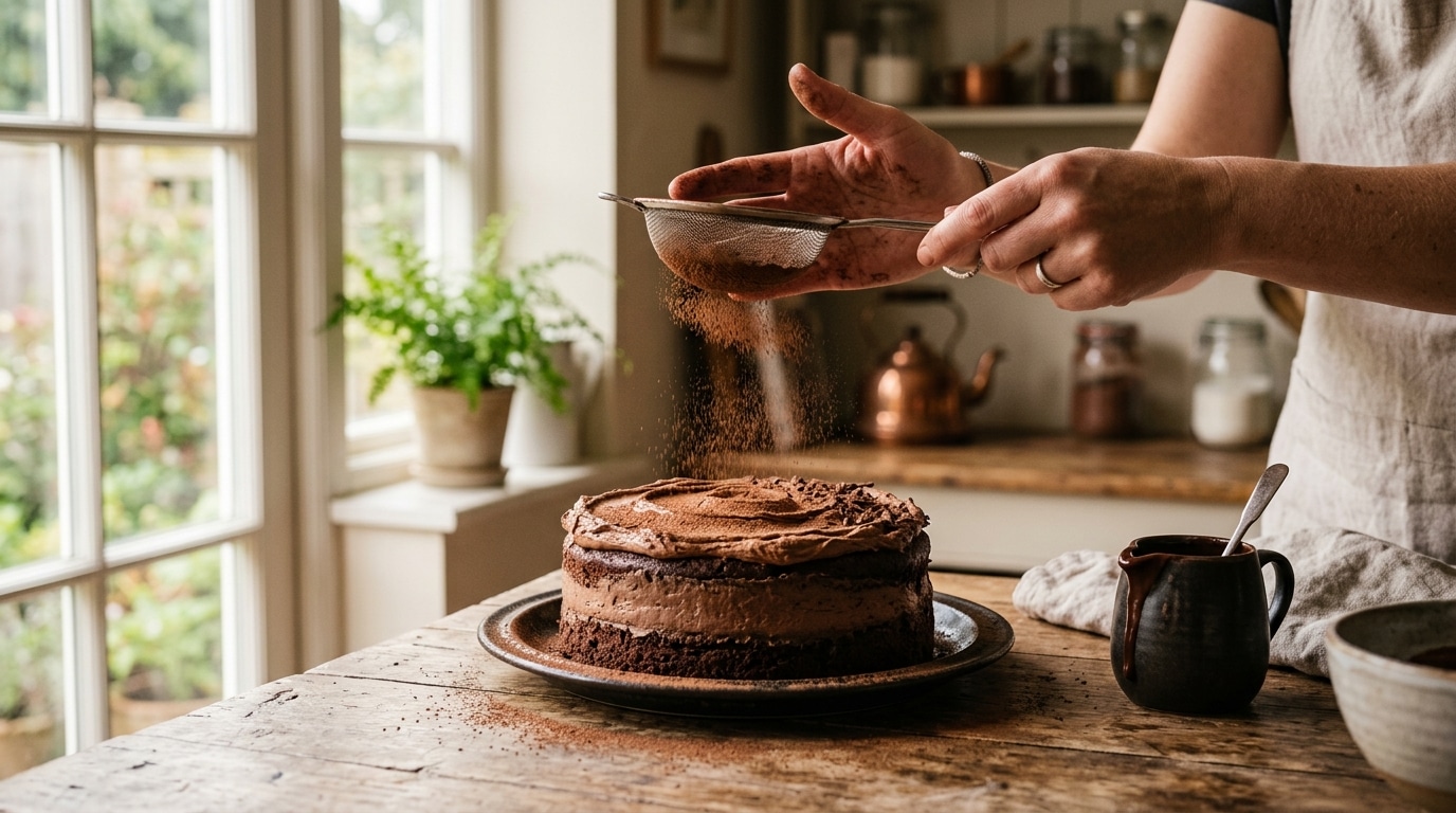 Mains saupoudrant du cacao sur un gâteau fondant