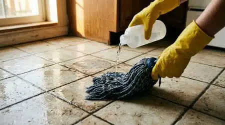 Gant jaune versant du produit blanchissant sur carrelage