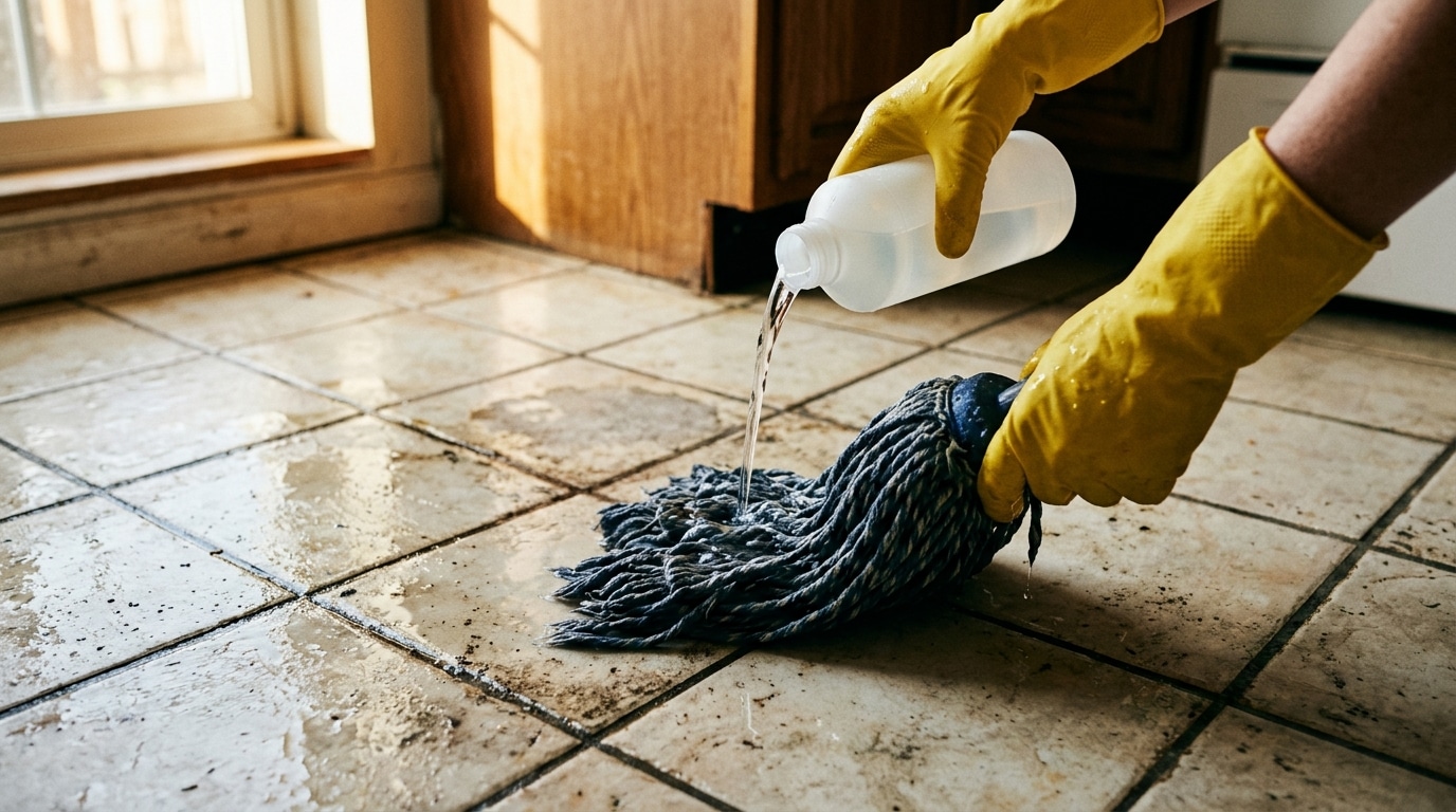 Gant jaune versant du produit blanchissant sur carrelage
