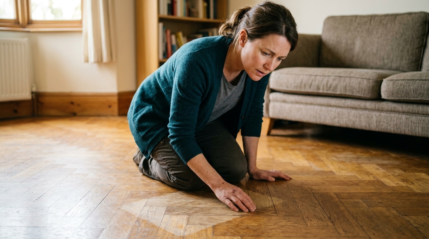 Personne examinant une tache décolorée sur parquet