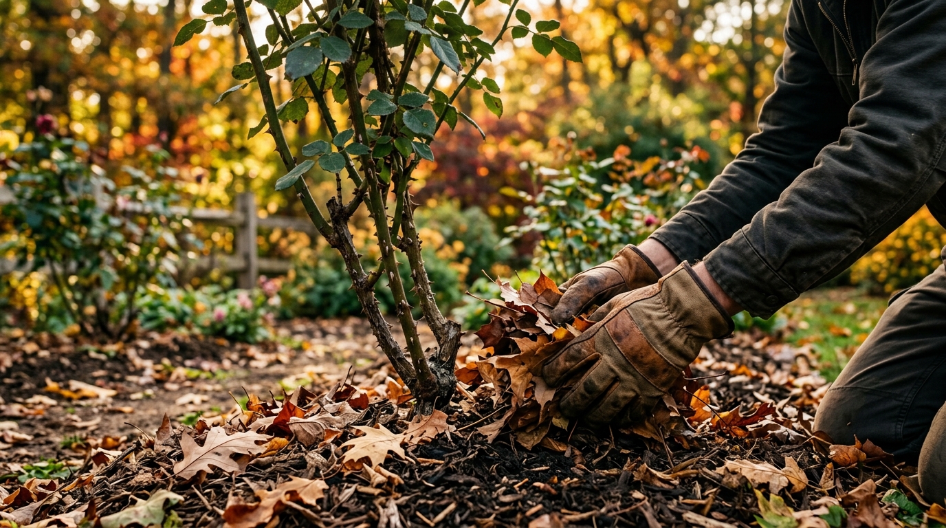 Mains protégeant un pied de rosier avec paillage