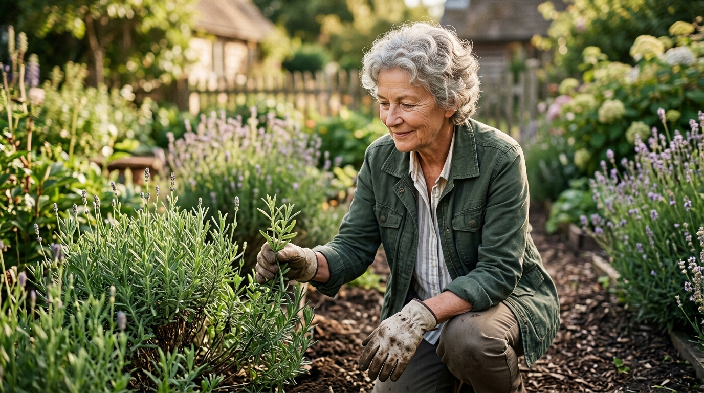 Jardinier souriant devant des lavandes taillées
