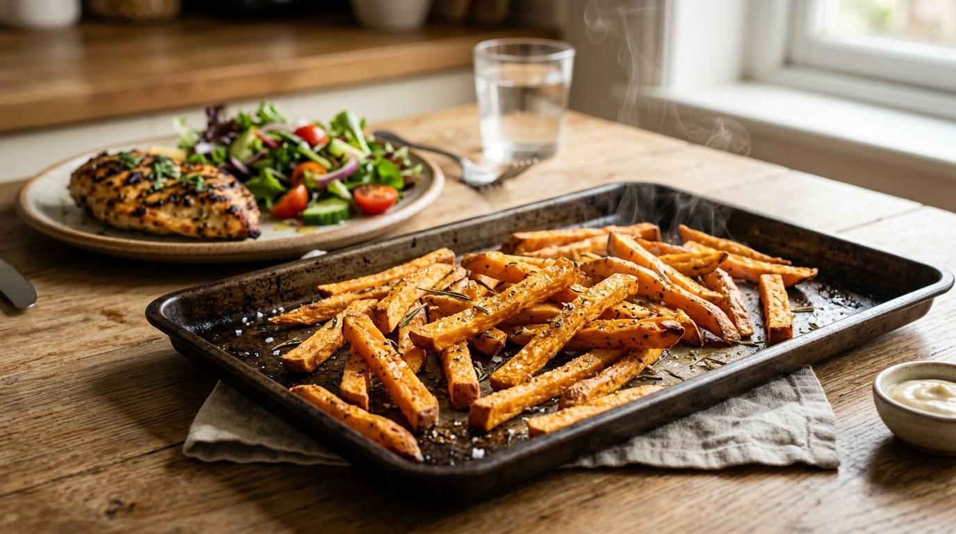 Frites de patate douce dorées sortant du four