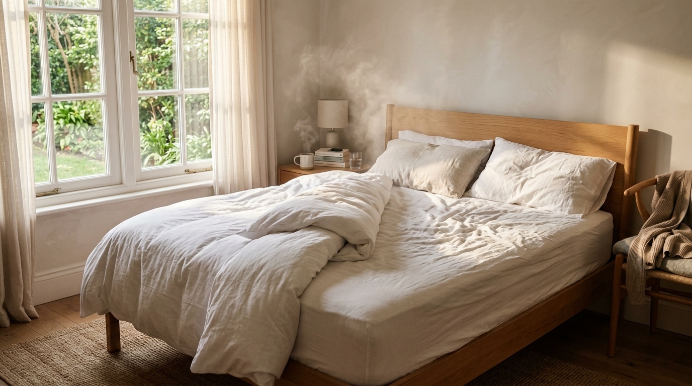 Lit défait avec couette repliée au réveil