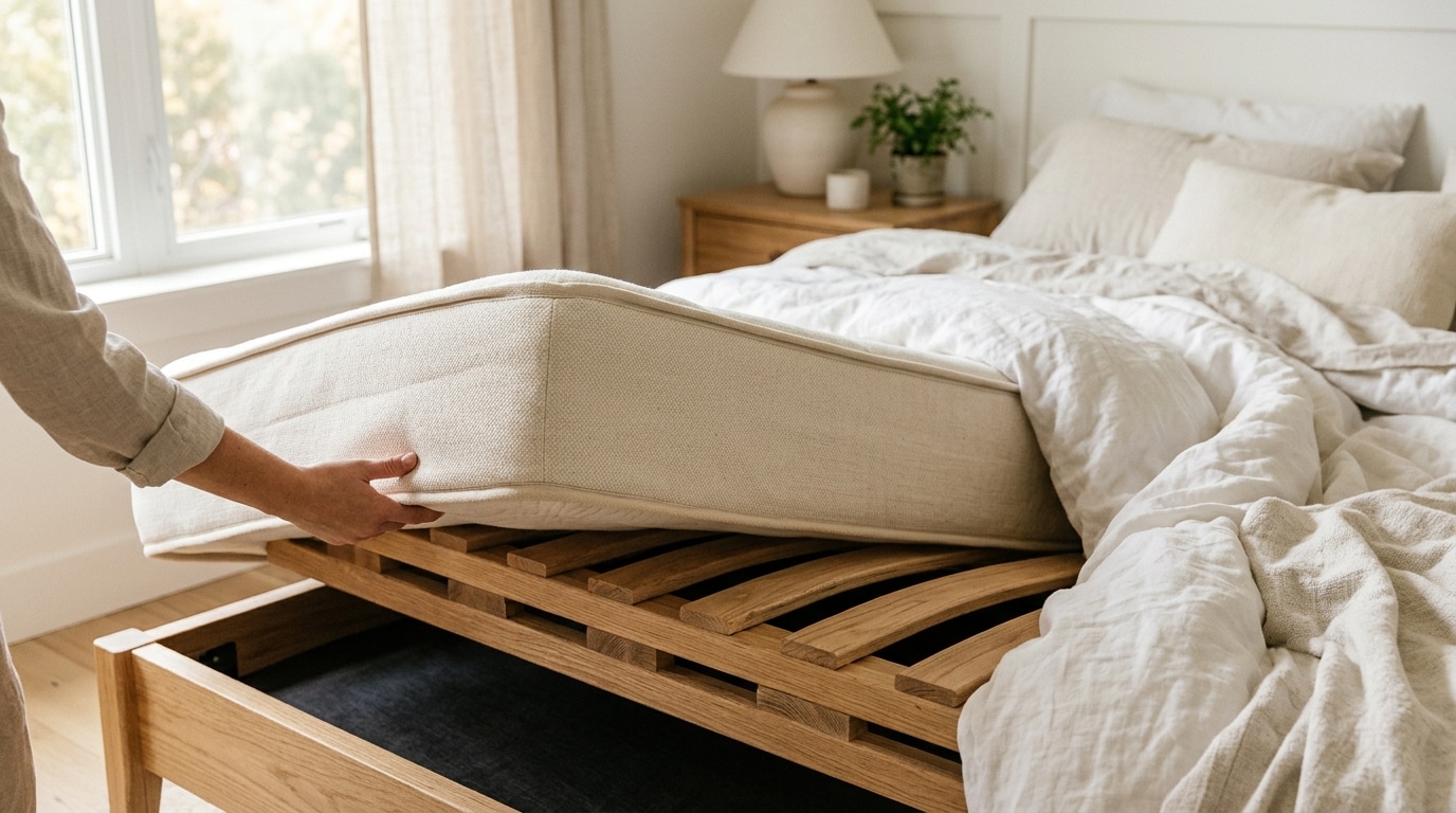 Sommier à lattes en bois sous un matelas soulevé