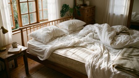 Lit défait le matin avec draps froissés au soleil